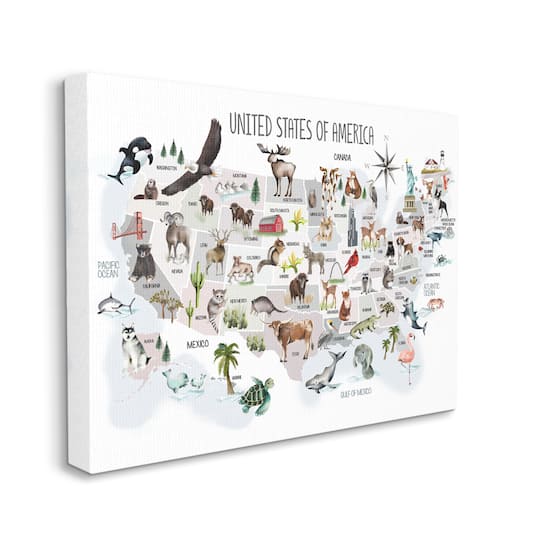 Stupell Industries United States of America Map of Animals Kid's Illustration Canvas Wall Art